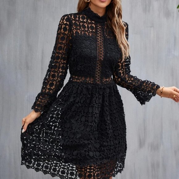 Black Mock Neck Flounce Sleeve Lace Dress - Picture 4 of 6